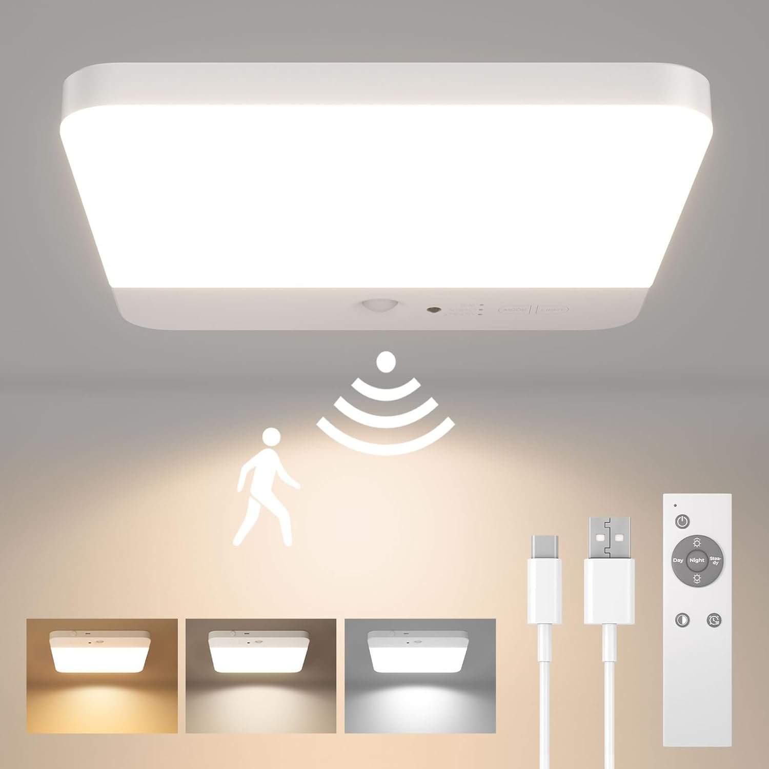 Motion Sensor Ceiling Light Fixture, Cordless Closet Light Battery Operated, Rechargeable Magnetic Mount LED Shower Light for Bathroom,Stairs,Garage,Hallway,3 Color Temperatures,Remote Control