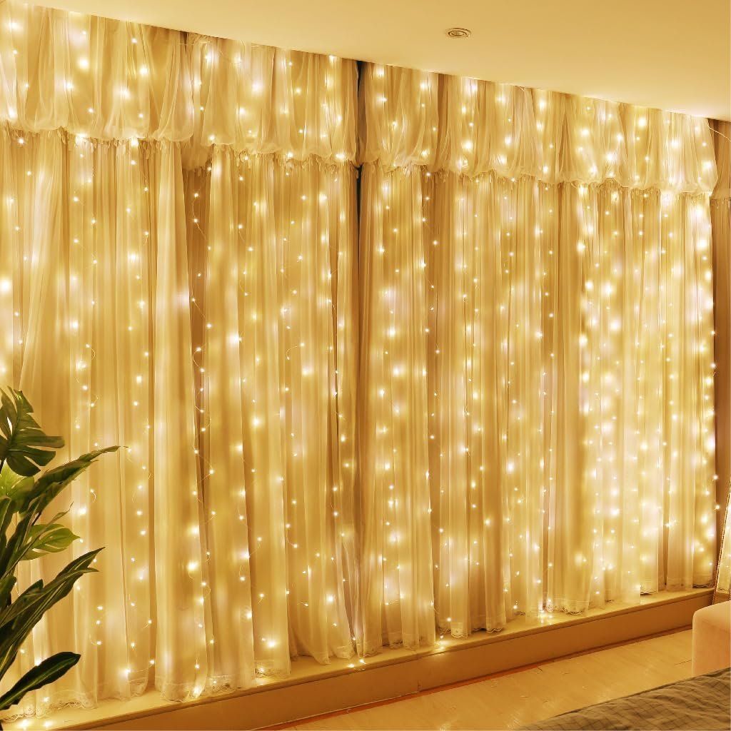 300LED Fairy Curtain Lights, 9.8x9.8Ft Warm White USB Plug in 8 Modes Christmas String Hanging Lights with Remote for Bedroom, Indoor, Outdoor, Weddings, Party