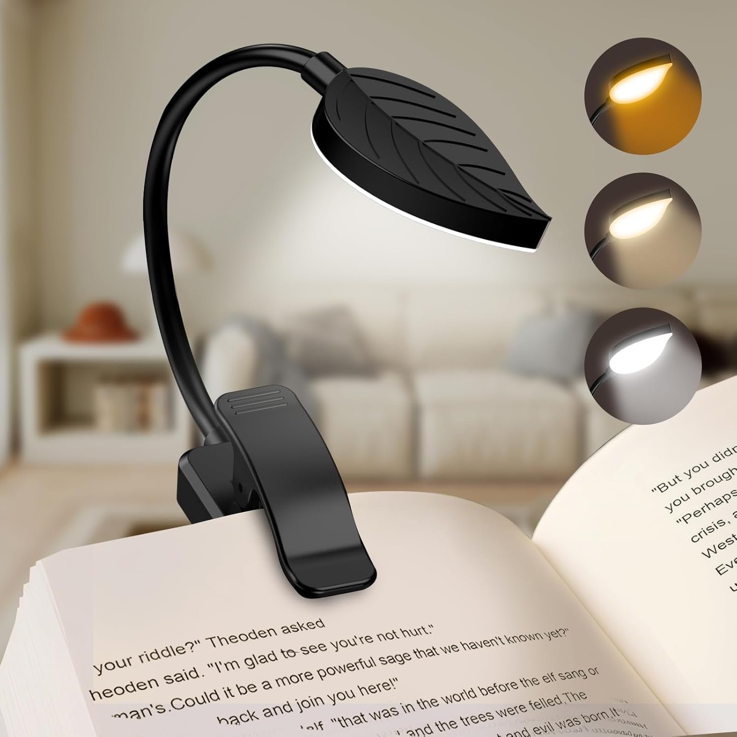Rechargeable Book Lights for Reading at Night - Eye,3 Color Temperatures,3 Brightness Levels,Flexible Goose Neck Clip on Light,Reading Lights for Books in Bed with Power Indicator Bookworms (Black)