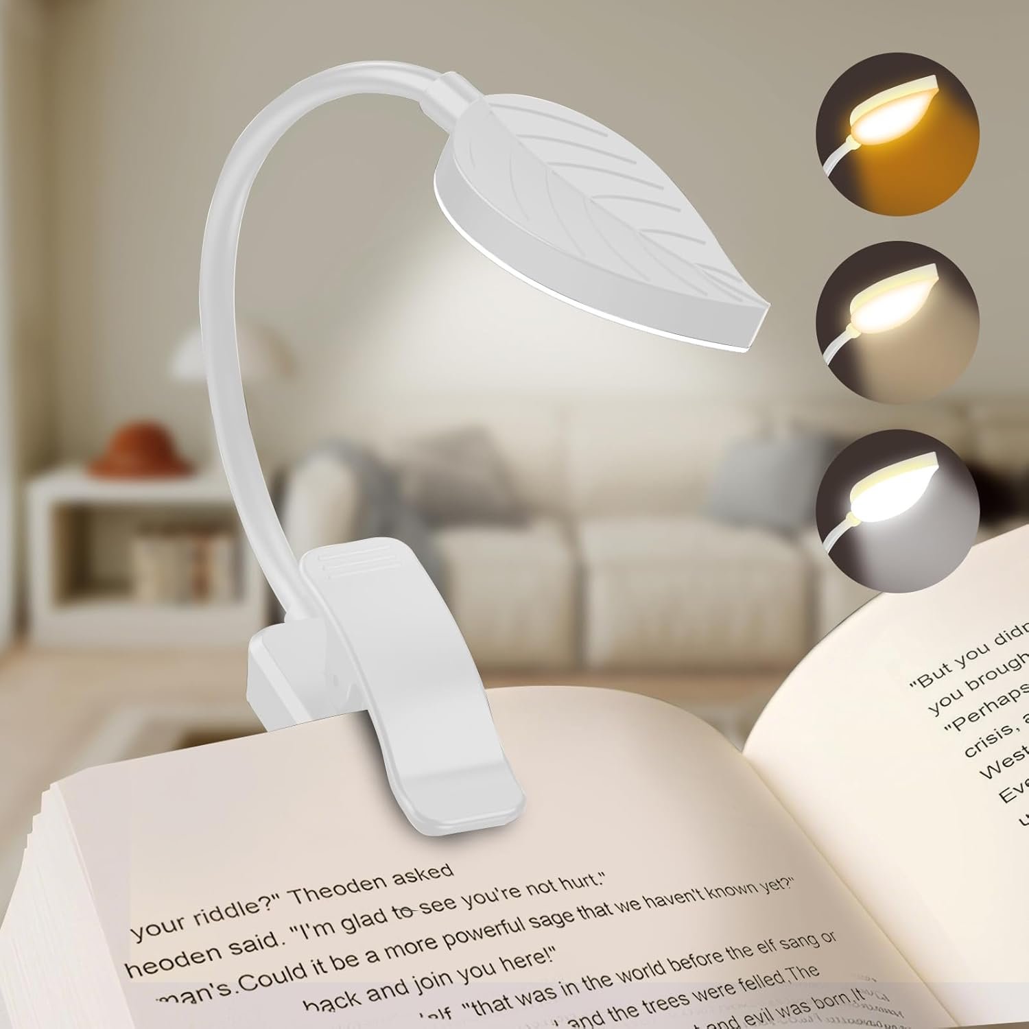 Rechargeable Book Lights for Reading at Night - Eye,3 Color Temperatures,3 Brightness Levels,Flexible Goose Neck Clip on Light,Reading Lights for Books in Bed with Power Indicator Bookworms (White)