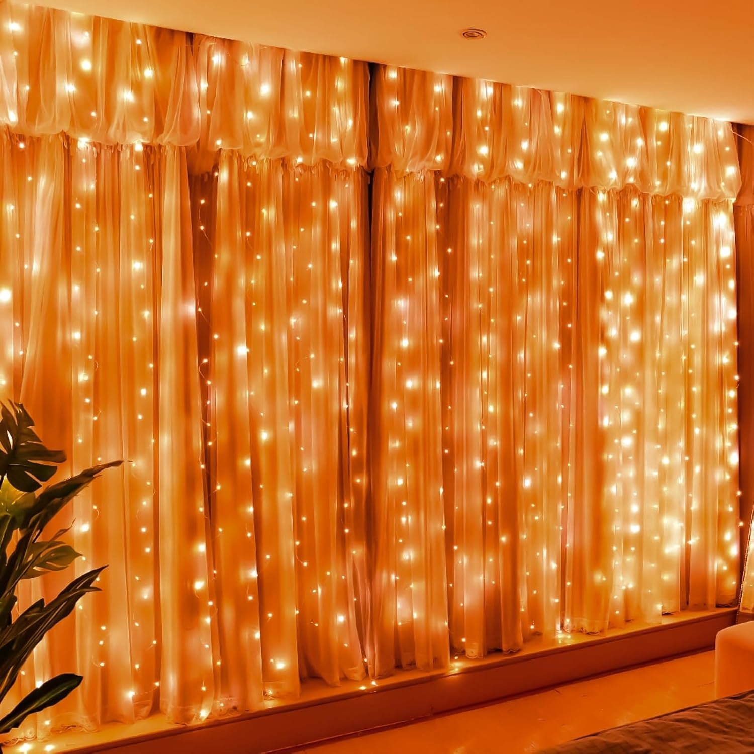 300LED Orange Fairy Curtain Lights with Remote 8 Modes Timer for Bedroom, 9.8x9.8Ft USB Plug in Christmas Fairy String Hanging Lights for Fall, Halloween, Weddings, Party, Wall, Decorations