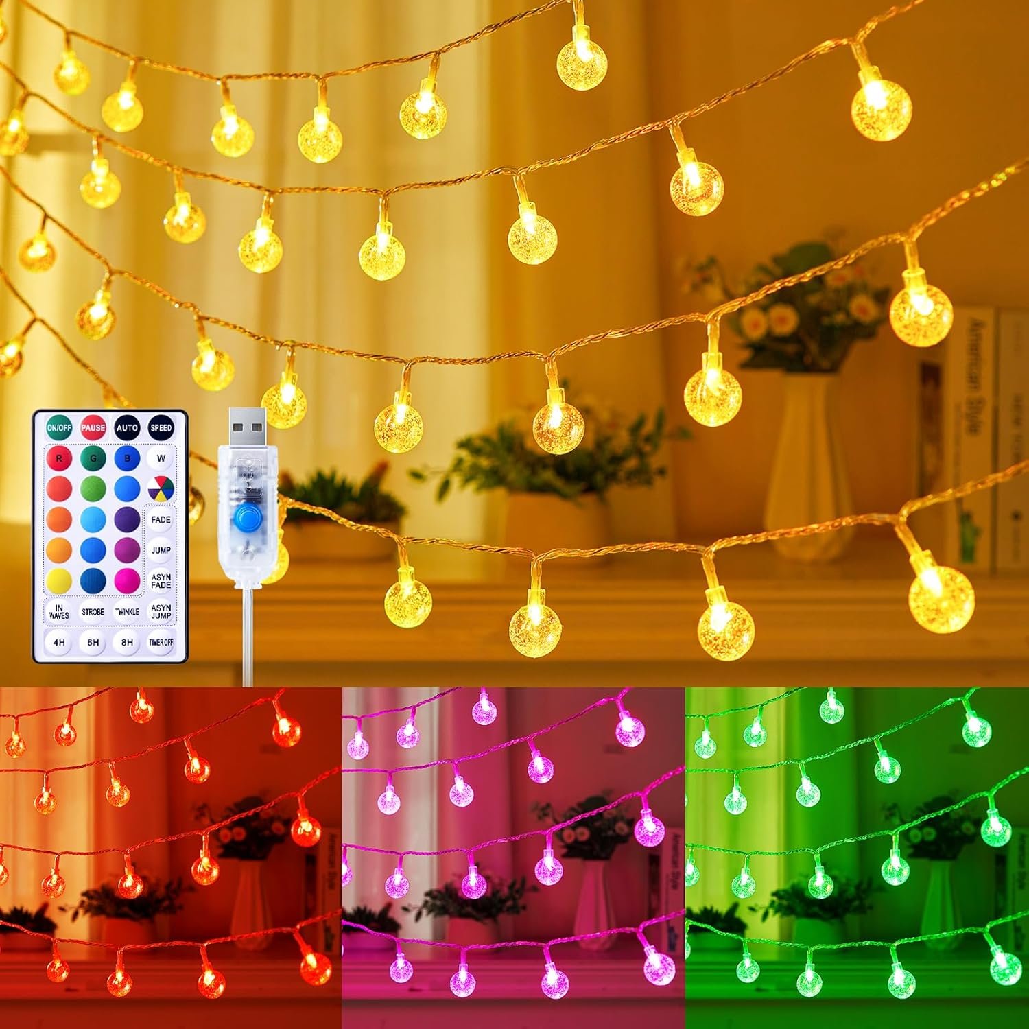 USB Globe String Lights - 33 ft 100 LED Color Changing Globe Fairy Lights with Remote and Timer, 16 Single Colors and 7 Modes for Bedroom, Dorm, Tent, Bed, Patio, Christmas Party