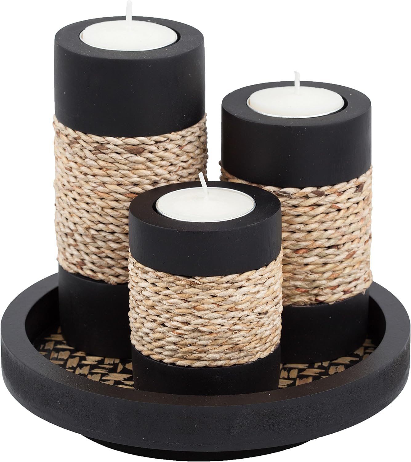 Tealight Candle Holders with Candle Tray Set of 3 Decorative Candle Holders Matte Wood Finish with Small Rope Decoration